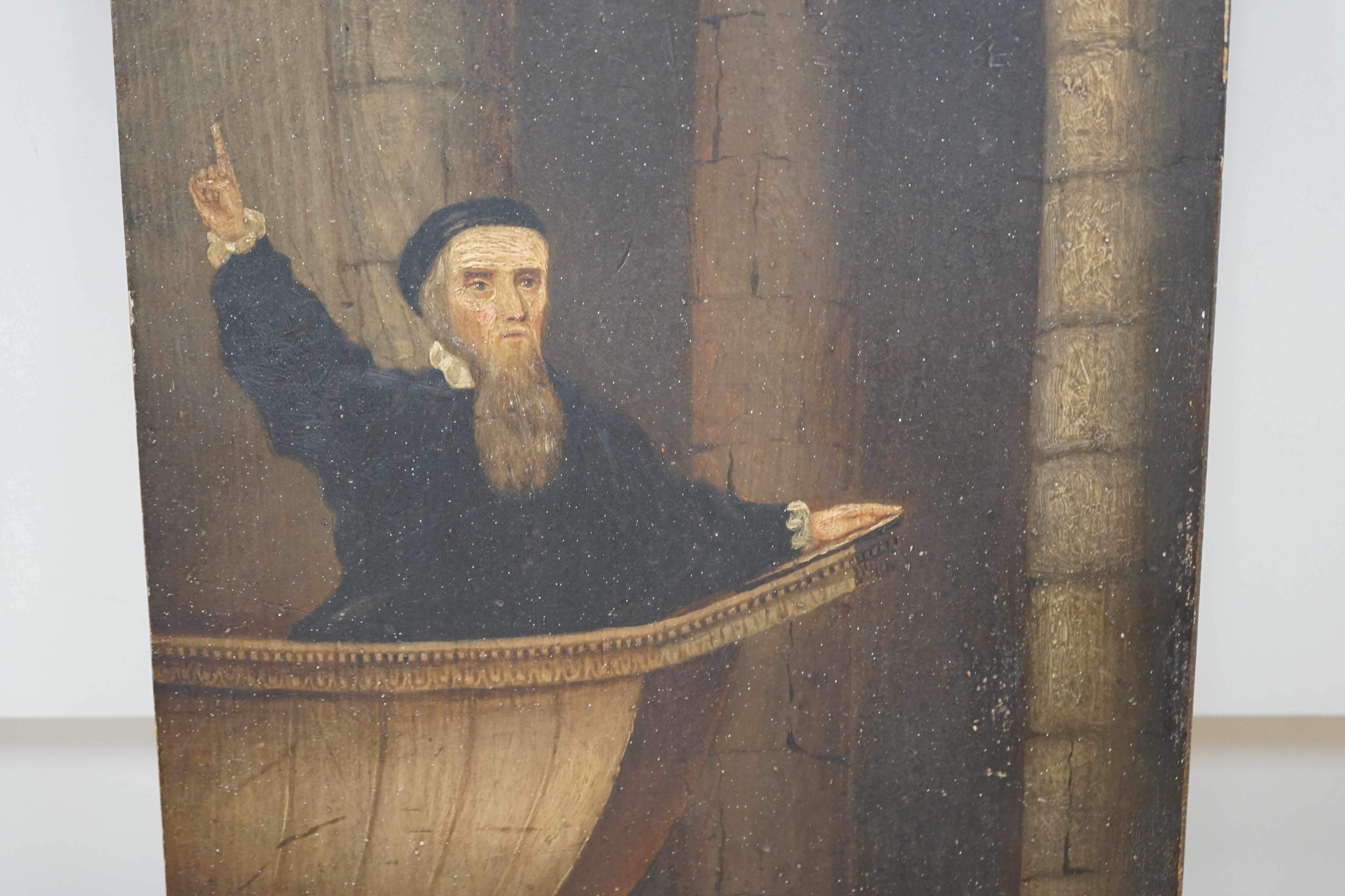 19th century oil on wood panel, John Knox (Scottish c.1514-1572) preaching, indistinctly inscribed in ink verso, 58 x 32cm, unframed. Condition - poor to fair